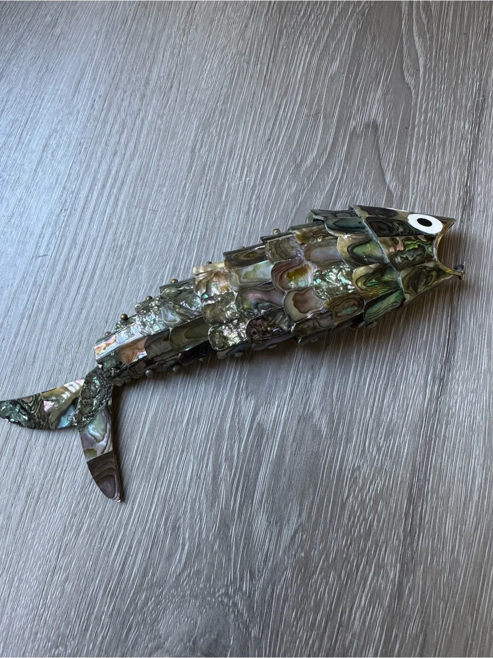Vintage Articulated Abalone Fish bottle open Mexican silver